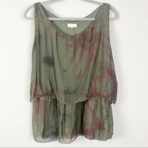 H Trend olive sleeveless florla overlay SILK boat neck tank top size S (165)